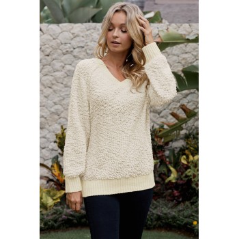 Brown Ribbed V Neckline Popcorn Knit Sweater Yellow Apricot